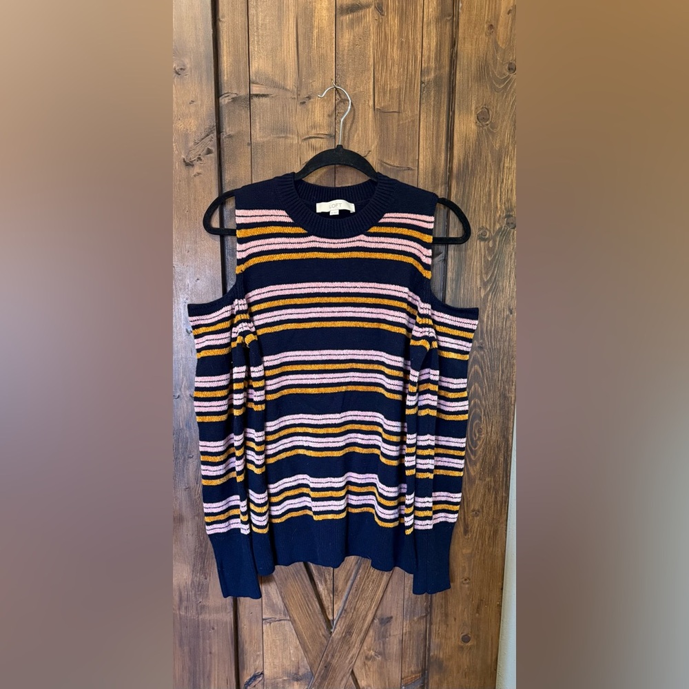LOFT Navy Long Sleeve Cold Shoulder Sweater with Gold and Pink Stripes
